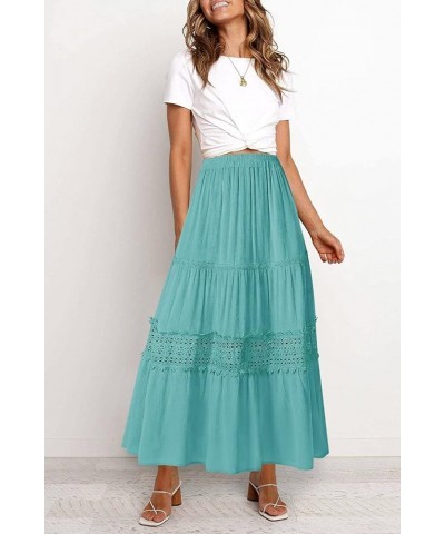 Women's Boho Elastic High Waist Pleated A-line Ruffle Lace Trim Tiered Midi Maxi Skirt with Pockets Aqua $21.75 Skirts