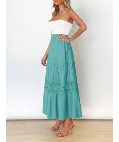 Women's Boho Elastic High Waist Pleated A-line Ruffle Lace Trim Tiered Midi Maxi Skirt with Pockets Aqua $21.75 Skirts