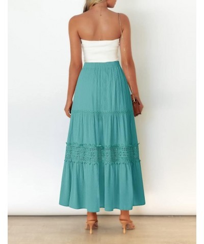 Women's Boho Elastic High Waist Pleated A-line Ruffle Lace Trim Tiered Midi Maxi Skirt with Pockets Aqua $21.75 Skirts