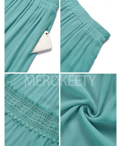 Women's Boho Elastic High Waist Pleated A-line Ruffle Lace Trim Tiered Midi Maxi Skirt with Pockets Aqua $21.75 Skirts