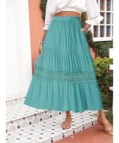 Women's Boho Elastic High Waist Pleated A-line Ruffle Lace Trim Tiered Midi Maxi Skirt with Pockets Aqua $21.75 Skirts