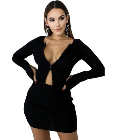 Ribbed Tops and Skirts Sets Double Zipper Tracksuits Women 2 Piece Outfits Clubwear Ladies's Suits Black-top&skirt $20.39 Suits