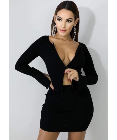 Ribbed Tops and Skirts Sets Double Zipper Tracksuits Women 2 Piece Outfits Clubwear Ladies's Suits Black-top&skirt $20.39 Suits