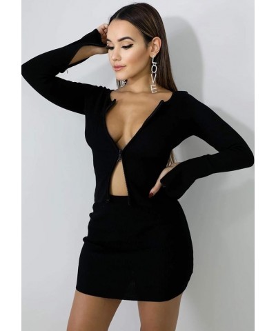 Ribbed Tops and Skirts Sets Double Zipper Tracksuits Women 2 Piece Outfits Clubwear Ladies's Suits Black-top&skirt $20.39 Suits