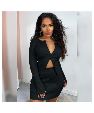 Ribbed Tops and Skirts Sets Double Zipper Tracksuits Women 2 Piece Outfits Clubwear Ladies's Suits Black-top&skirt $20.39 Suits