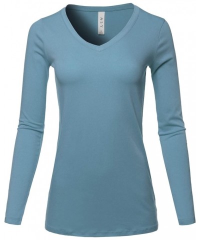 Women's Basic Solid Soft Cotton Long Sleeve V-Neck Top T-Shirt Titanium $13.19 T-Shirts