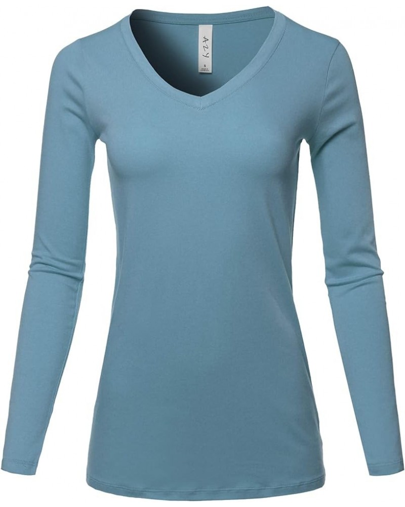 Women's Basic Solid Soft Cotton Long Sleeve V-Neck Top T-Shirt Titanium $13.19 T-Shirts