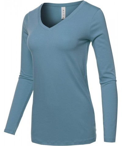 Women's Basic Solid Soft Cotton Long Sleeve V-Neck Top T-Shirt Titanium $13.19 T-Shirts