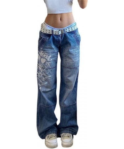 High Waist Baggy Cargo Pants for Women Wide Leg Oversized Plus Size Boyfriend Jeans Y2K Trousers Streetwear Blue $16.79 Jeans