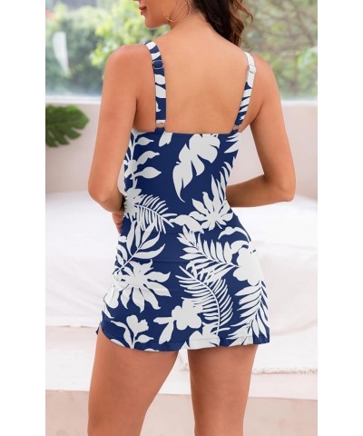 One Piece Swimdress Swimsuits for Women Tummy Control Swim Dresses Skirt V Neck Wrap Bathing Suit Blue Leaf Printed $19.80 Sw...