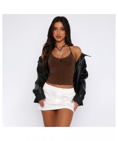 Y2k Lace Cami Crop Top for Women Sexy Sleeveless Backless See Through Spaghetti Strap Mesh Camisole Going Out Tank Brown Halt...