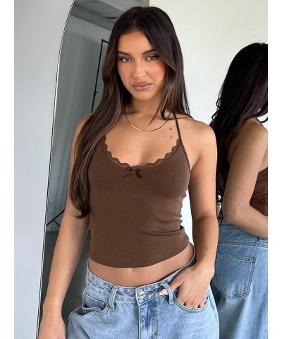 Y2k Lace Cami Crop Top for Women Sexy Sleeveless Backless See Through Spaghetti Strap Mesh Camisole Going Out Tank Brown Halt...