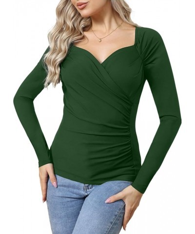 Women's Sexy Bodycon Ruched Wrap Top Tee Deep V Neck Long Sleeve T-Shirts Slim Fit Unique for Going Out Green $6.35 T-Shirts