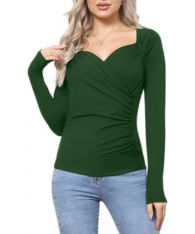 Women's Sexy Bodycon Ruched Wrap Top Tee Deep V Neck Long Sleeve T-Shirts Slim Fit Unique for Going Out Green $6.35 T-Shirts