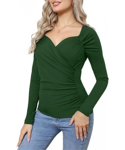 Women's Sexy Bodycon Ruched Wrap Top Tee Deep V Neck Long Sleeve T-Shirts Slim Fit Unique for Going Out Green $6.35 T-Shirts