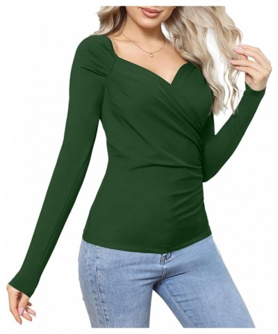 Women's Sexy Bodycon Ruched Wrap Top Tee Deep V Neck Long Sleeve T-Shirts Slim Fit Unique for Going Out Green $6.35 T-Shirts