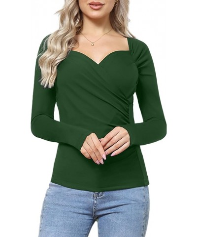 Women's Sexy Bodycon Ruched Wrap Top Tee Deep V Neck Long Sleeve T-Shirts Slim Fit Unique for Going Out Green $6.35 T-Shirts