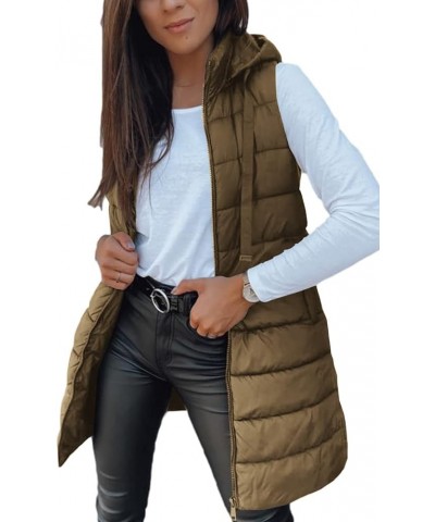 Women Long Vest Solid Color Sleeveless Hood Winter Puffer Vest Outwear Brown $33.00 Vests