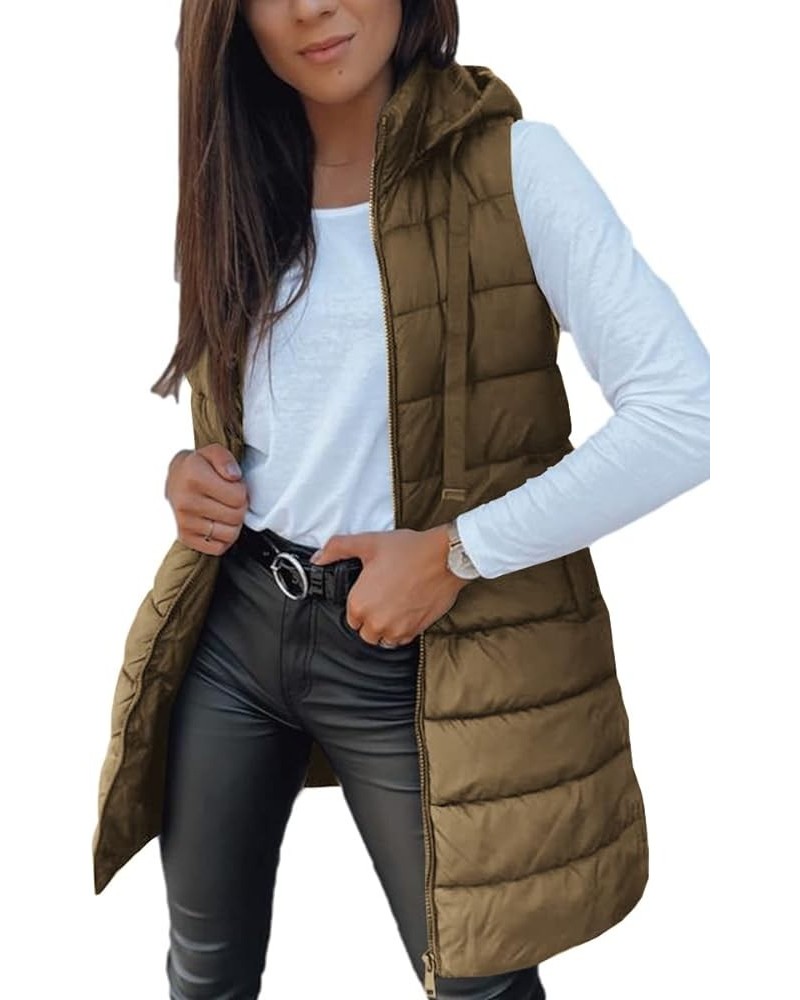 Women Long Vest Solid Color Sleeveless Hood Winter Puffer Vest Outwear Brown $33.00 Vests