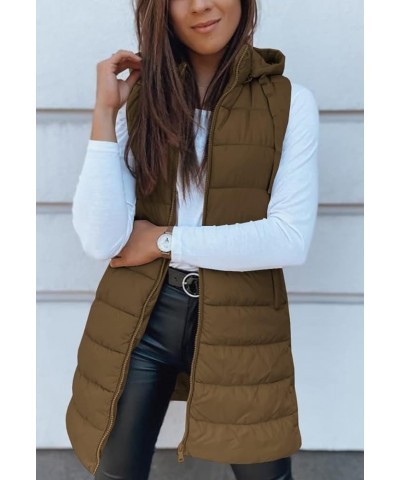 Women Long Vest Solid Color Sleeveless Hood Winter Puffer Vest Outwear Brown $33.00 Vests