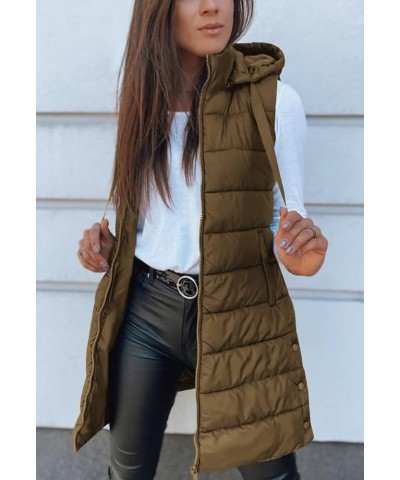 Women Long Vest Solid Color Sleeveless Hood Winter Puffer Vest Outwear Brown $33.00 Vests