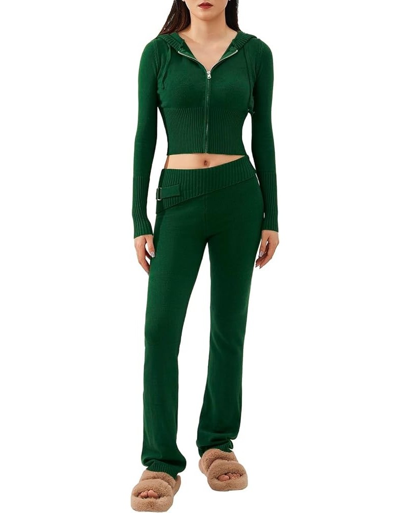 Women's Ribbed Knit 2 Piece Outfit Set Long Sleeve Zip Up Knit Hooded Pullover Sweater Top and Wide Leg Pants Sweatsuit Green...