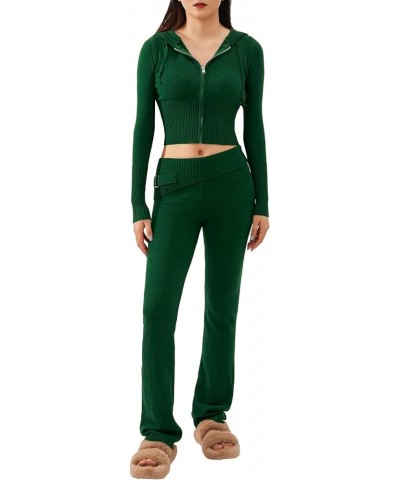 Women's Ribbed Knit 2 Piece Outfit Set Long Sleeve Zip Up Knit Hooded Pullover Sweater Top and Wide Leg Pants Sweatsuit Green...