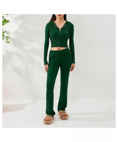 Women's Ribbed Knit 2 Piece Outfit Set Long Sleeve Zip Up Knit Hooded Pullover Sweater Top and Wide Leg Pants Sweatsuit Green...