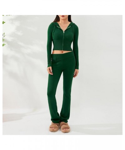 Women's Ribbed Knit 2 Piece Outfit Set Long Sleeve Zip Up Knit Hooded Pullover Sweater Top and Wide Leg Pants Sweatsuit Green...