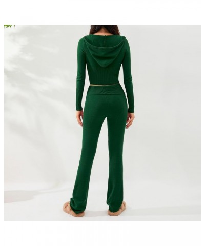 Women's Ribbed Knit 2 Piece Outfit Set Long Sleeve Zip Up Knit Hooded Pullover Sweater Top and Wide Leg Pants Sweatsuit Green...