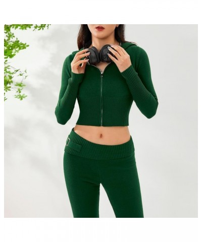 Women's Ribbed Knit 2 Piece Outfit Set Long Sleeve Zip Up Knit Hooded Pullover Sweater Top and Wide Leg Pants Sweatsuit Green...