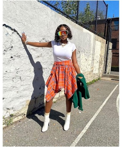 Skirts for Women Plaid High Elastic Waisted Summer Casual Knot Front Asymmetrical Hem A-Line Mini Short Pleated Skirt Orange ...