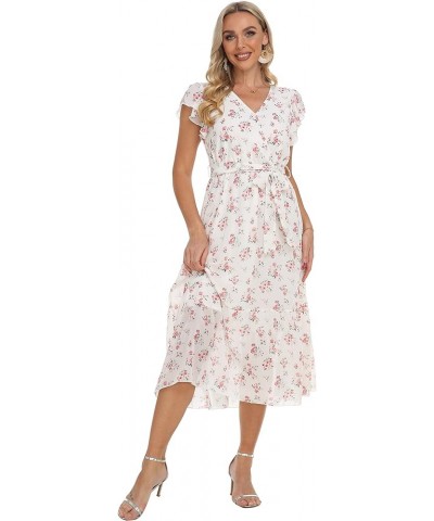 Women's Floral Summer Dress Wrap V Neck Ruffle Midi Dress White&pink Floral $15.38 Dresses