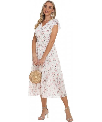 Women's Floral Summer Dress Wrap V Neck Ruffle Midi Dress White&pink Floral $15.38 Dresses