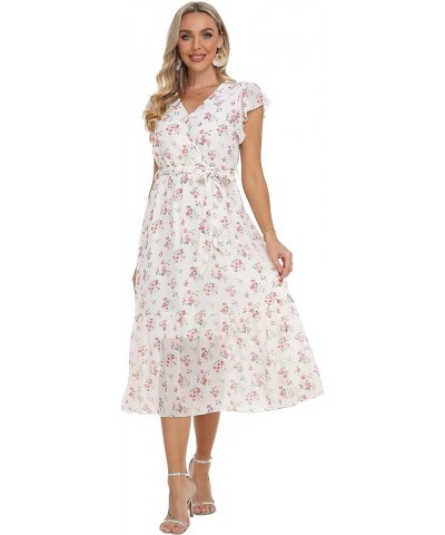 Women's Floral Summer Dress Wrap V Neck Ruffle Midi Dress White&pink Floral $15.38 Dresses