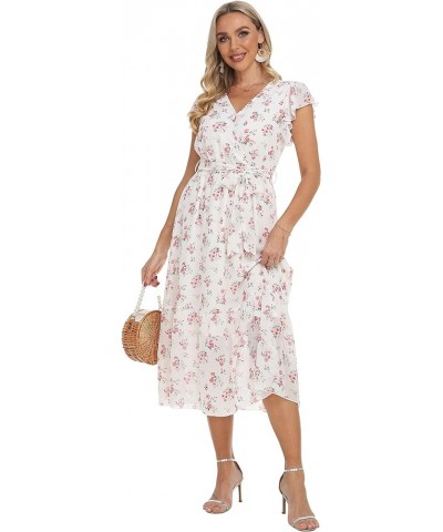 Women's Floral Summer Dress Wrap V Neck Ruffle Midi Dress White&pink Floral $15.38 Dresses