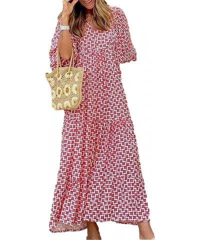 Women's Bohemian Floral Printed Wrap Smocked V Neck Sleeve Maxi Dress G2-red-3 $18.00 Dresses