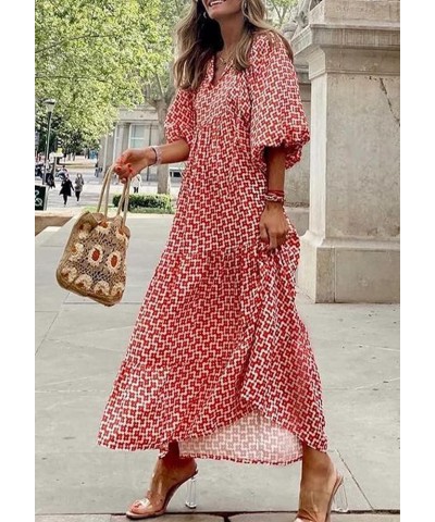 Women's Bohemian Floral Printed Wrap Smocked V Neck Sleeve Maxi Dress G2-red-3 $18.00 Dresses