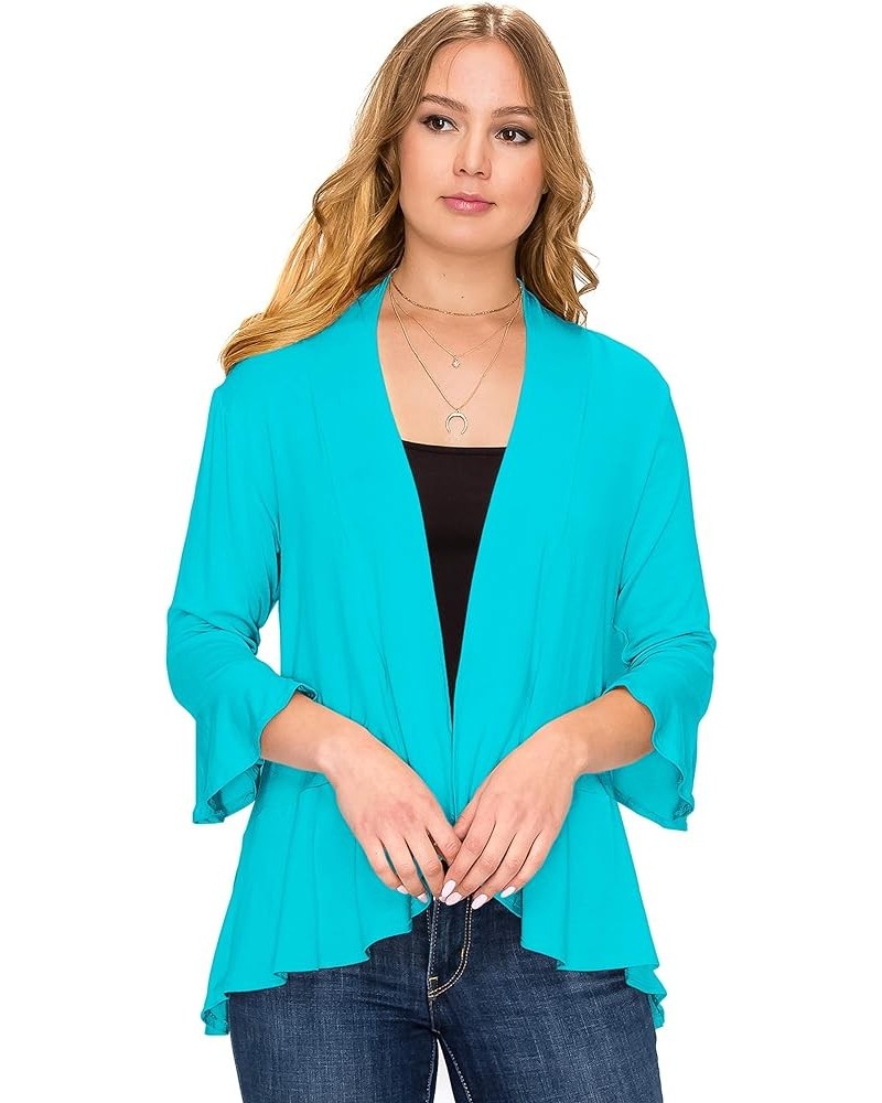 Women's Open Ruffle Hem 3/4 Bell Sleeve Cardigan (Size: S- 5X) Mint $16.16 Sweaters