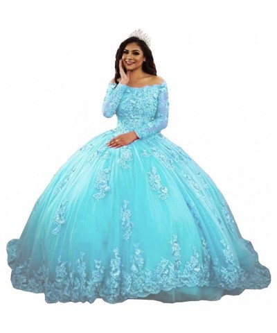 Women's Lace Appliques Quinceanera Dress Long Sleeves Ball Gown Wathet $61.25 Dresses