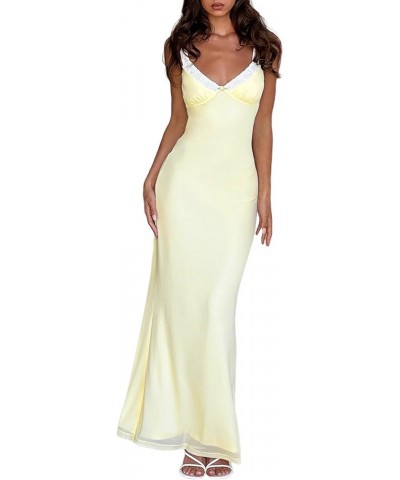 Women Satin Maxi Dress Fairy Grunge Sleeveless Low Cut Spaghetti Strap Cocktail Long Dress Streetwear De-yellow $12.38 Dresses