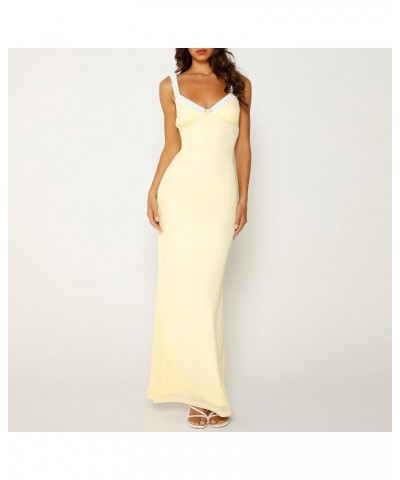 Women Satin Maxi Dress Fairy Grunge Sleeveless Low Cut Spaghetti Strap Cocktail Long Dress Streetwear De-yellow $12.38 Dresses