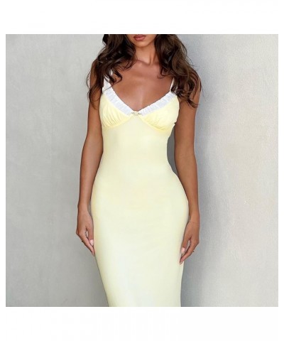 Women Satin Maxi Dress Fairy Grunge Sleeveless Low Cut Spaghetti Strap Cocktail Long Dress Streetwear De-yellow $12.38 Dresses