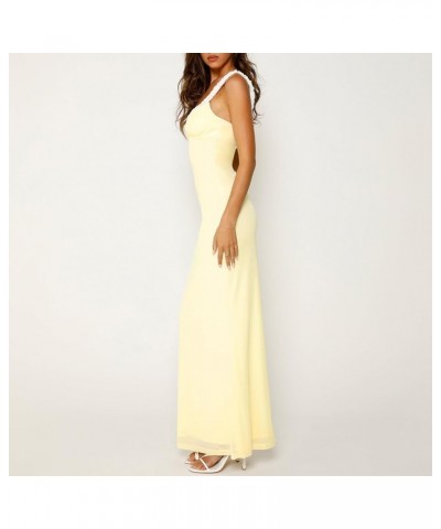 Women Satin Maxi Dress Fairy Grunge Sleeveless Low Cut Spaghetti Strap Cocktail Long Dress Streetwear De-yellow $12.38 Dresses