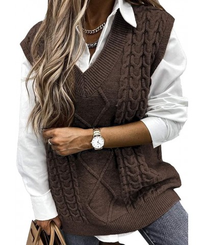 Women Cable Knit Oversize Sweater Vest V Neck Sleeveless Vintage Loose Sweaters Tops 2- Coffee $17.66 Sweaters