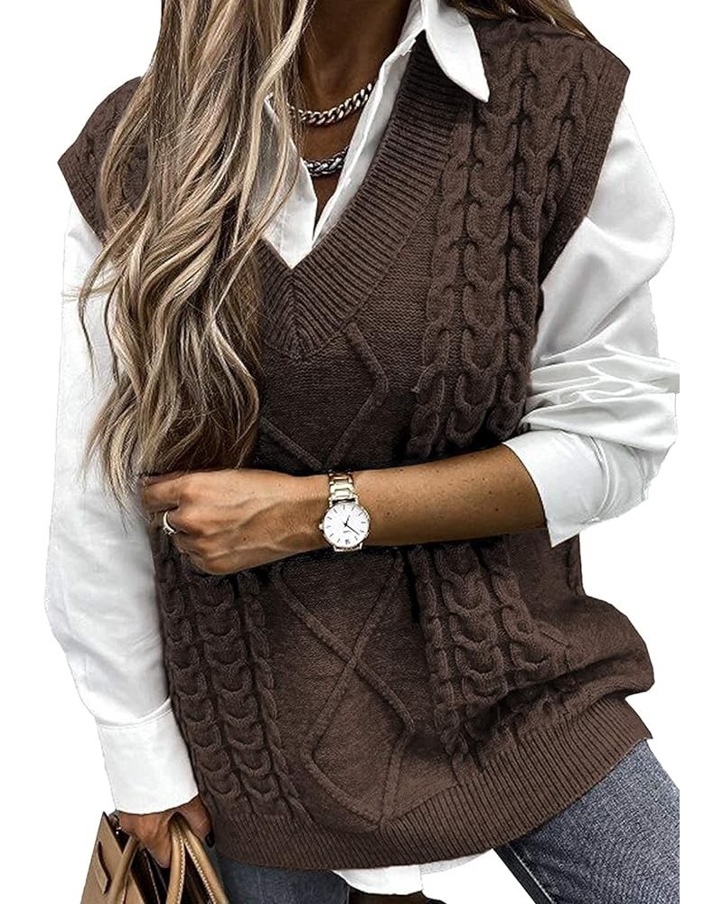 Women Cable Knit Oversize Sweater Vest V Neck Sleeveless Vintage Loose Sweaters Tops 2- Coffee $17.66 Sweaters