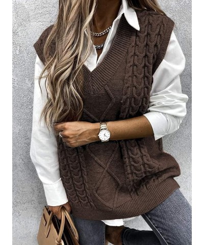 Women Cable Knit Oversize Sweater Vest V Neck Sleeveless Vintage Loose Sweaters Tops 2- Coffee $17.66 Sweaters