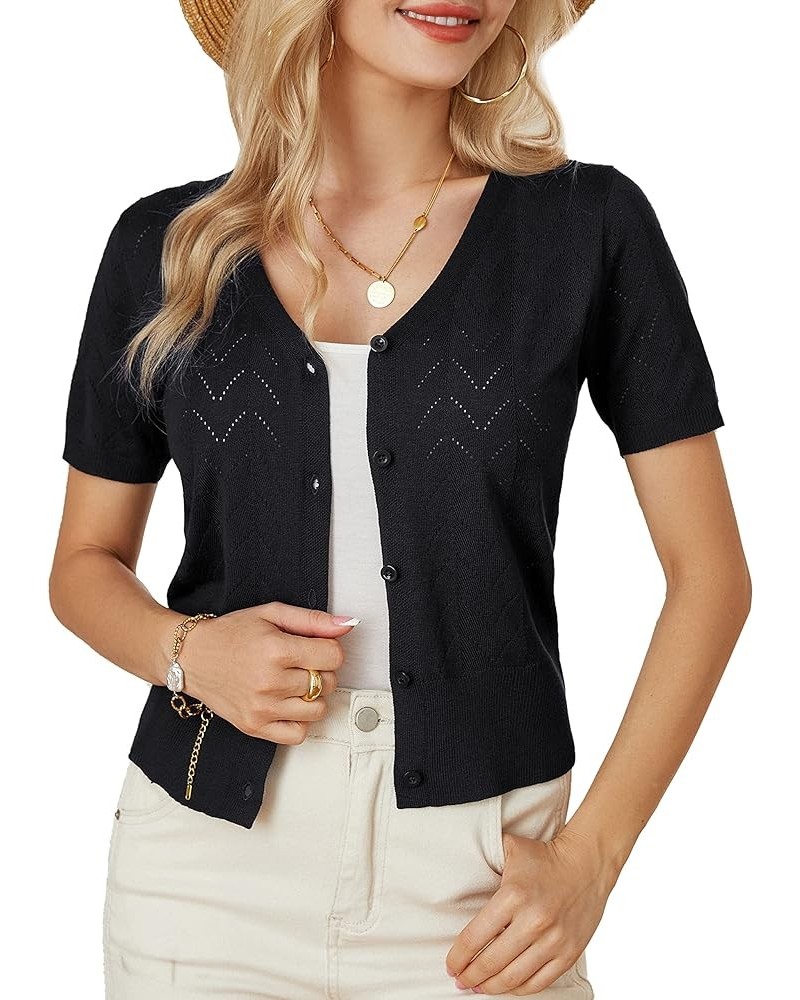 Women’s Short Sleeve 2024 Cropped Cardigans Button Down Boleros Sweaters Lightweight Hollowed-Out Knit Shrugs Black $19.59 Sw...