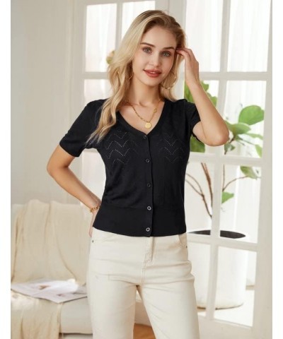 Women’s Short Sleeve 2024 Cropped Cardigans Button Down Boleros Sweaters Lightweight Hollowed-Out Knit Shrugs Black $19.59 Sw...