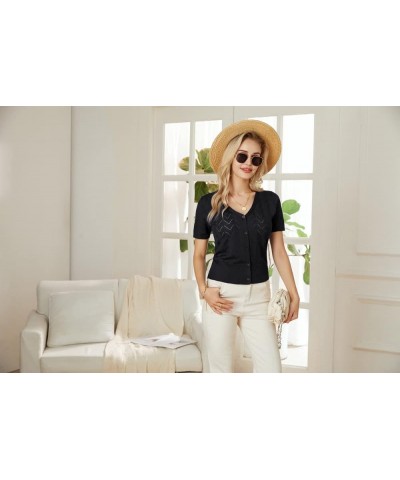 Women’s Short Sleeve 2024 Cropped Cardigans Button Down Boleros Sweaters Lightweight Hollowed-Out Knit Shrugs Black $19.59 Sw...